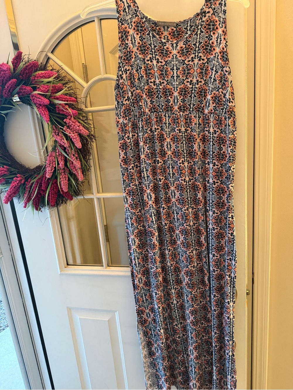 Loveappella Coral and Navy Printed Maxi Dress, Sleeveless, Stretchy & Soft